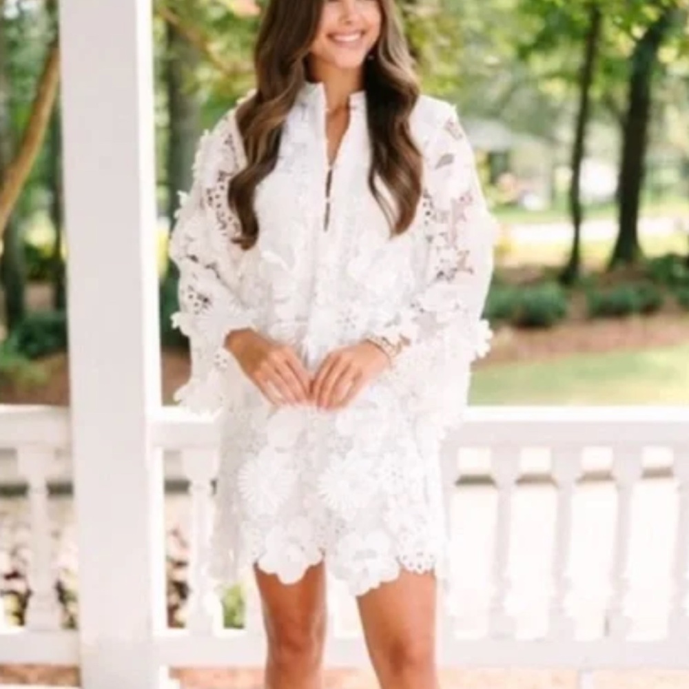 J.Marie Seraphina Dress  XS white Short Floral 3D Lace caftan